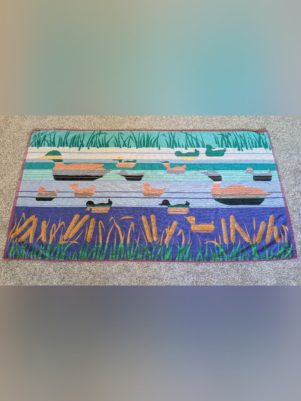Vintage 80s Terryville Reversible Beach Towel Retro Duck Mallard Cattail 53"x28"